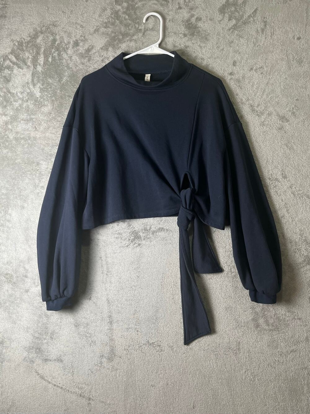 NAP Navy Cropped Tie Front Sweatshirt Balloon Sleeve Pullover Lounge Top Small